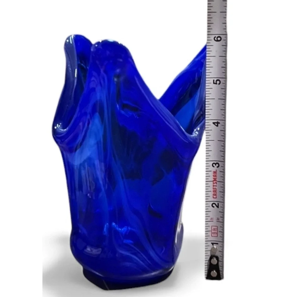 Vibrant Cobalt Blue Swirl Art Glass Vase Sculptural Modern Decor